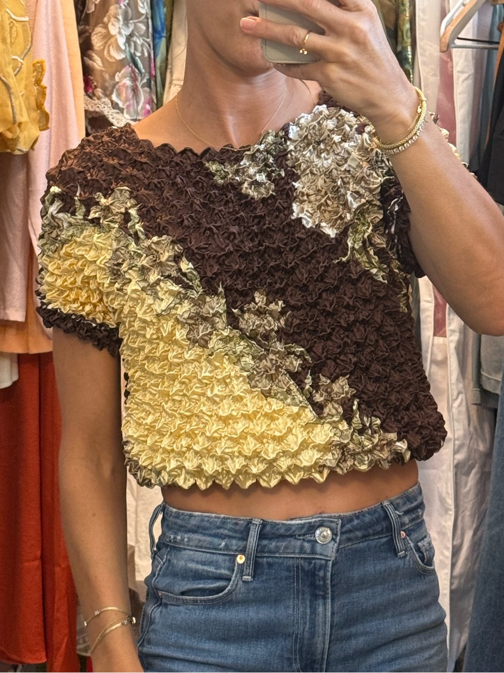 Vintage  Brown and Yellow Cropped Popcorn Women's Top